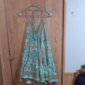 Bohemian Halter Dress in Blue and Tan